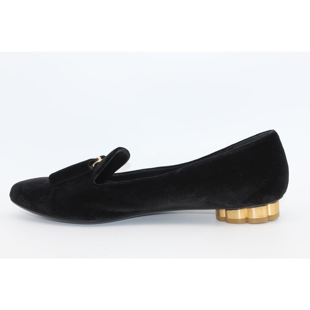 Salvatore Ferragamo Black Velvet Suede Gold Flats Flower Heel Shoes Size 8 - Picture 3 of 13